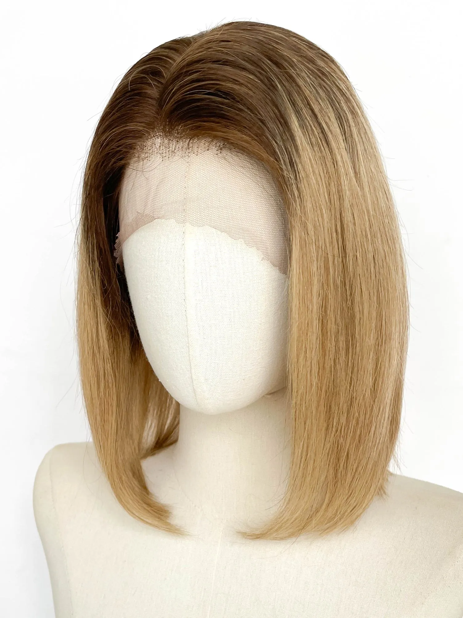 12" Medium Straight Bob Blonde With Brown Roots Lace Top Remy Human Hair HHC067