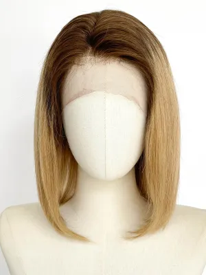 12" Medium Straight Bob Blonde With Brown Roots Lace Top Remy Human Hair HHC067