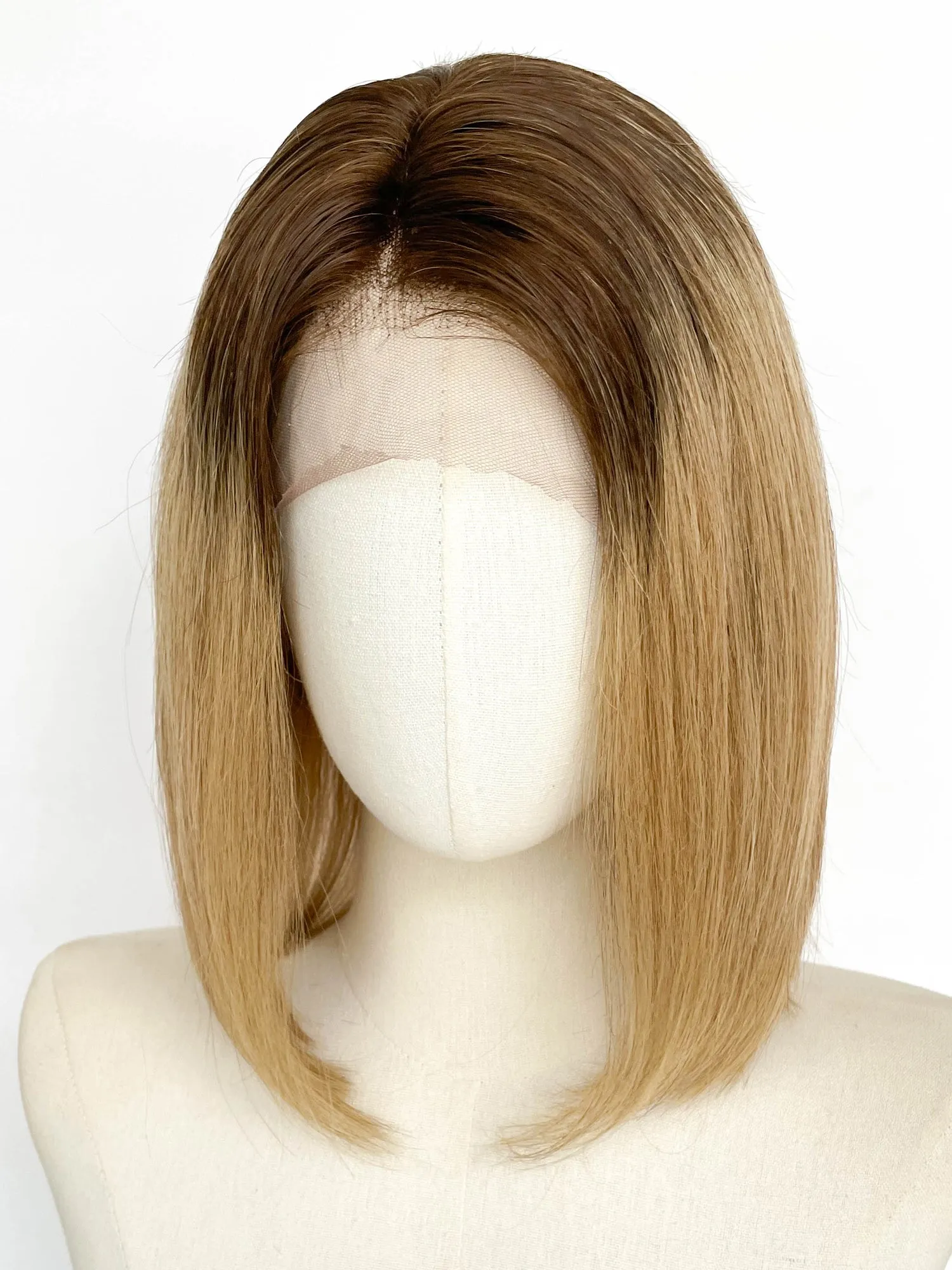 12" Medium Straight Bob Blonde With Brown Roots Lace Top Remy Human Hair HHC067