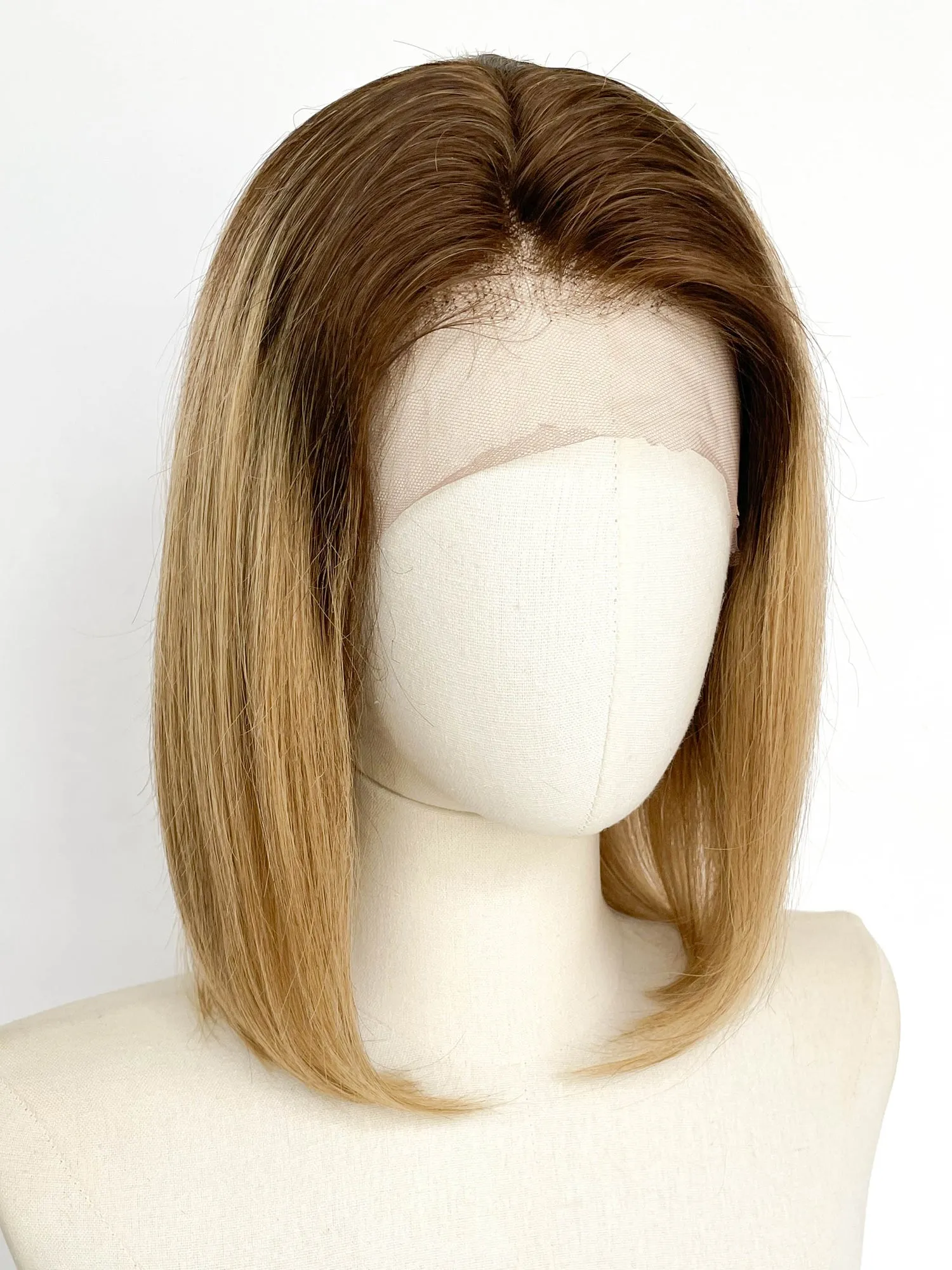 12" Medium Straight Bob Blonde With Brown Roots Lace Top Remy Human Hair HHC067