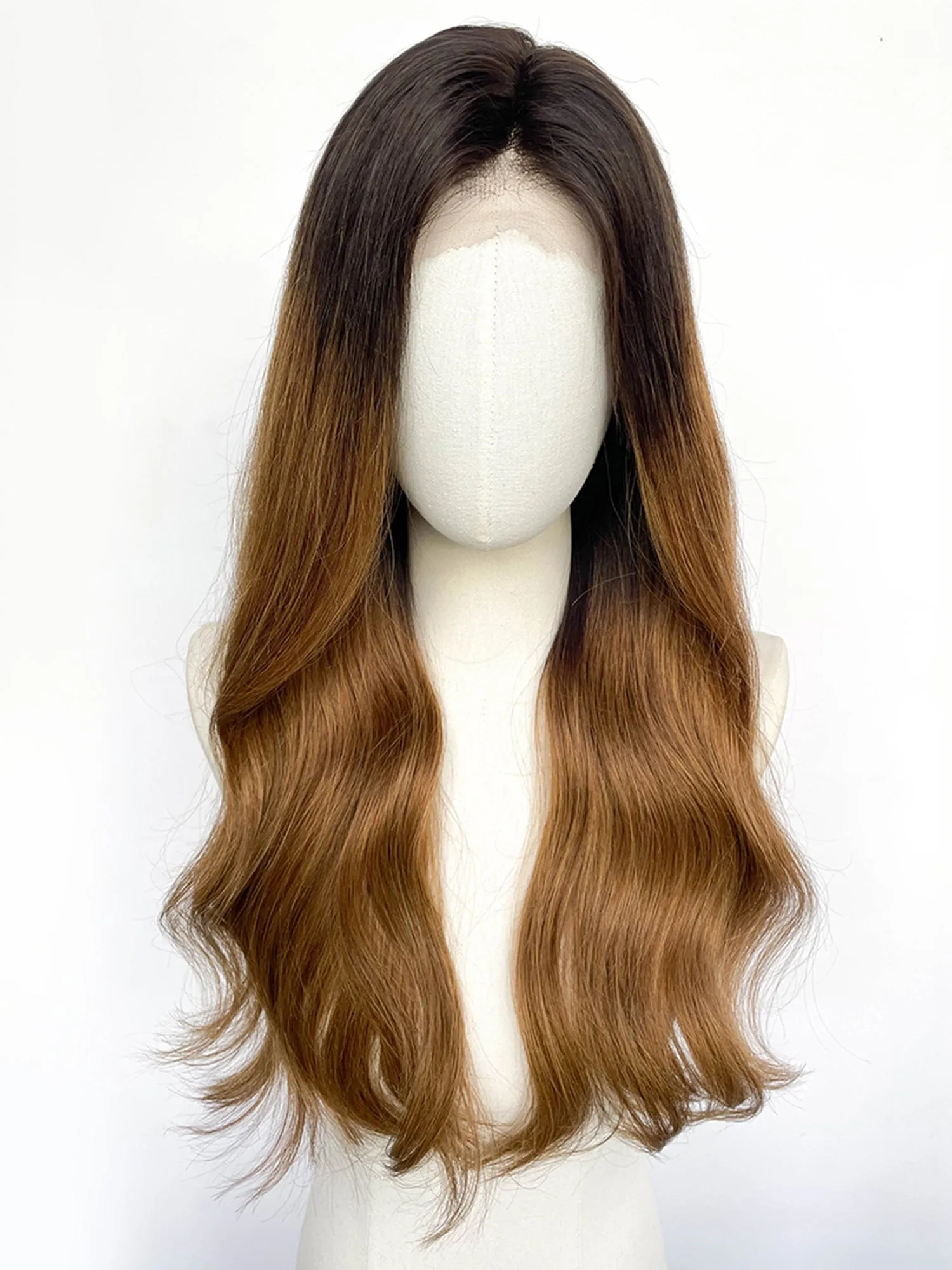 25" Long Straight Brown With Dark Roots Lace Top Remy Human Hair HHC136