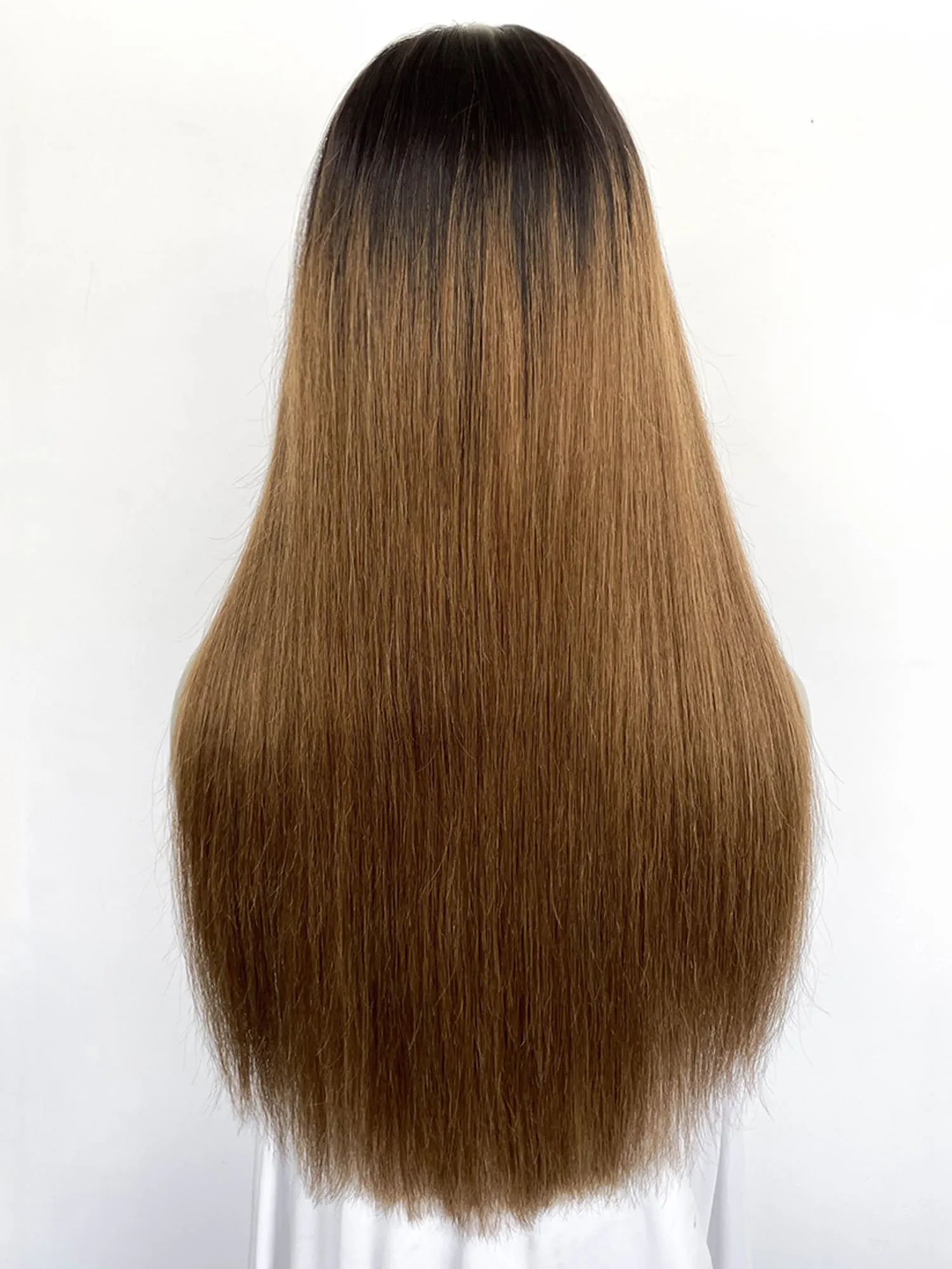 25" Long Straight Brown With Dark Roots Lace Top Remy Human Hair HHC136