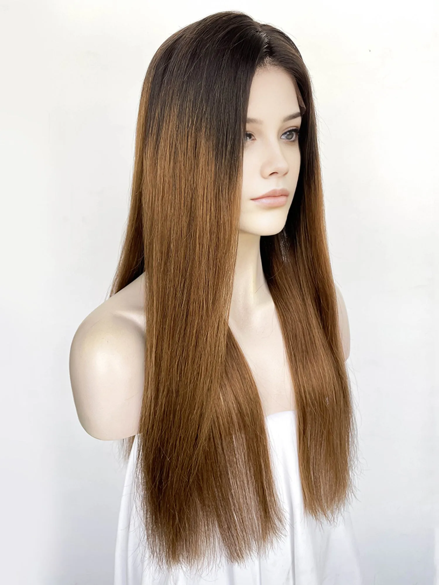 25" Long Straight Brown With Dark Roots Lace Top Remy Human Hair HHC136