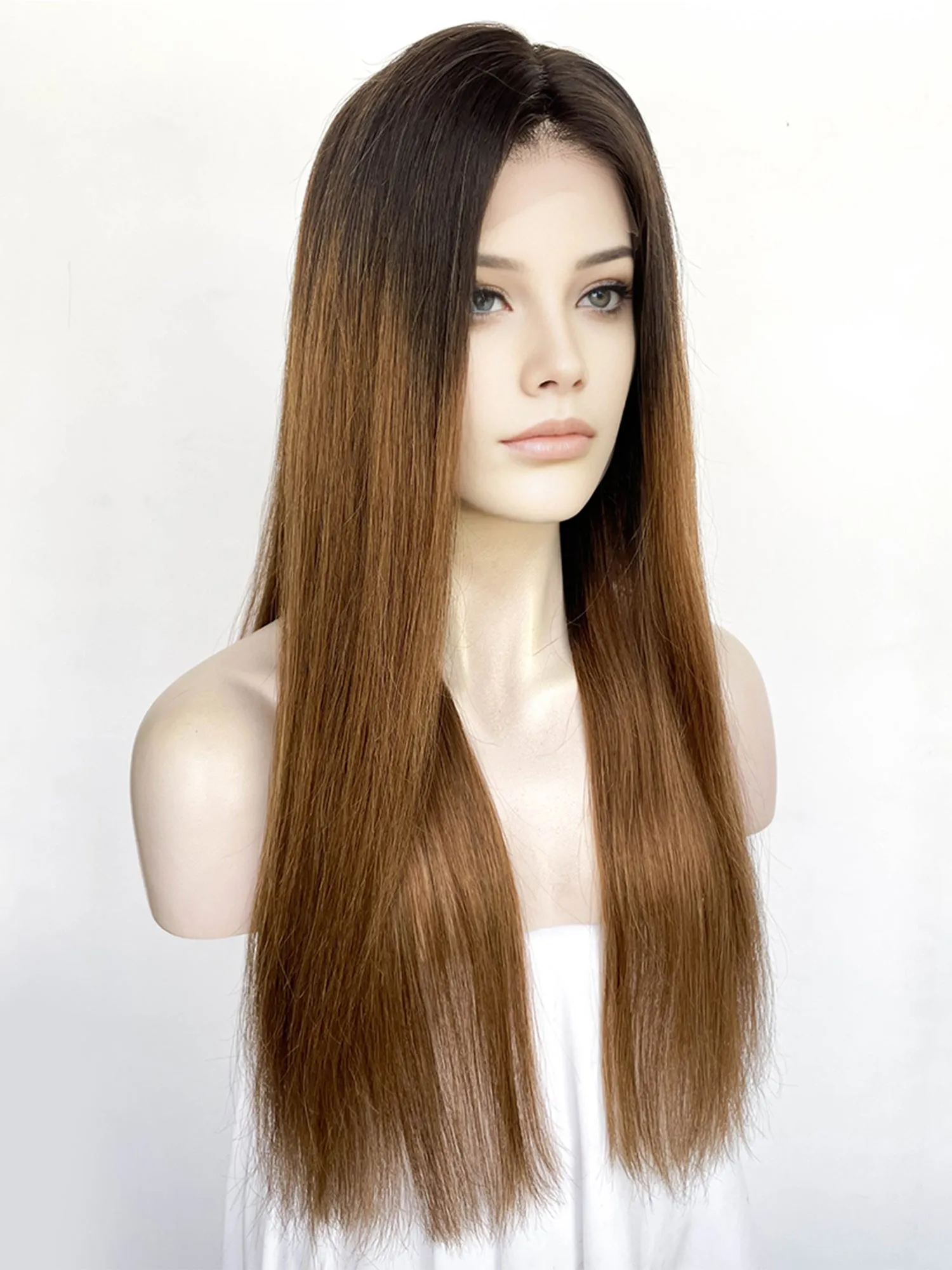 25" Long Straight Brown With Dark Roots Lace Top Remy Human Hair HHC136