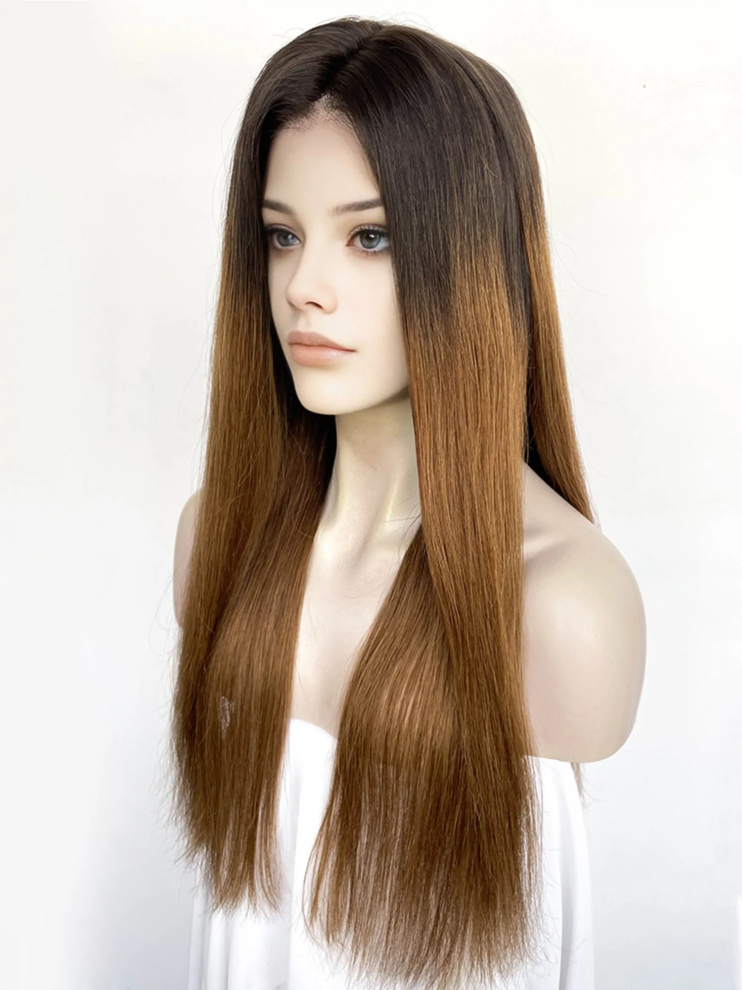 25" Long Straight Brown With Dark Roots Lace Top Remy Human Hair HHC136