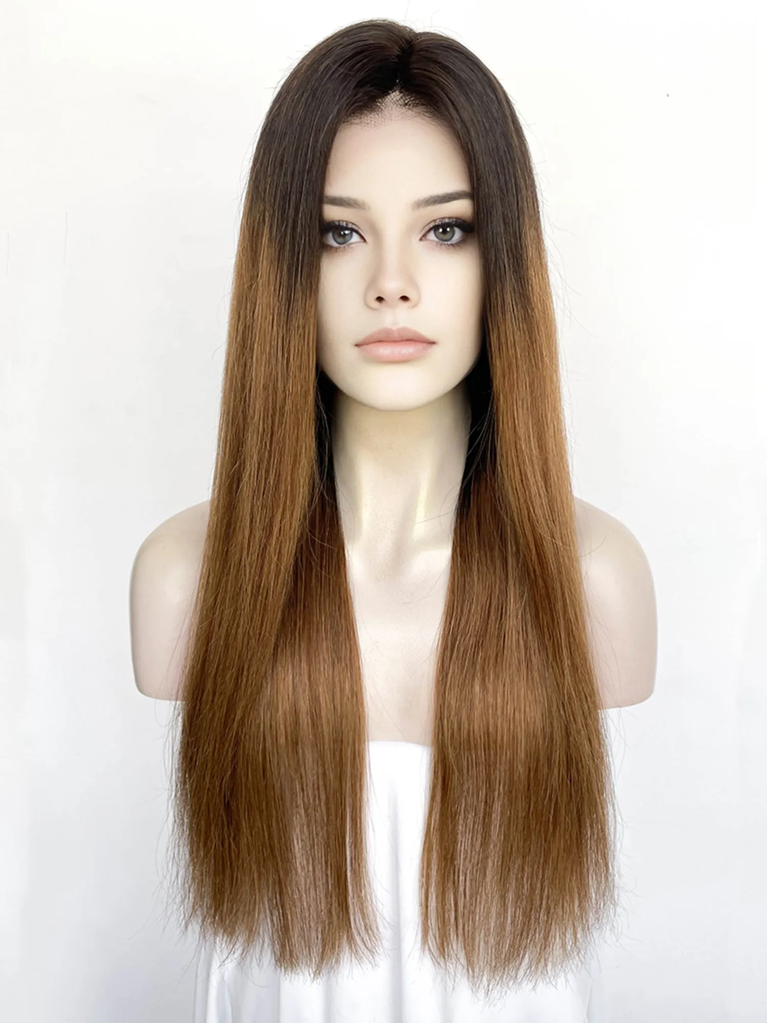 25" Long Straight Brown With Dark Roots Lace Top Remy Human Hair HHC136