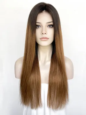 25" Long Straight Brown With Dark Roots Lace Top Remy Human Hair HHC136