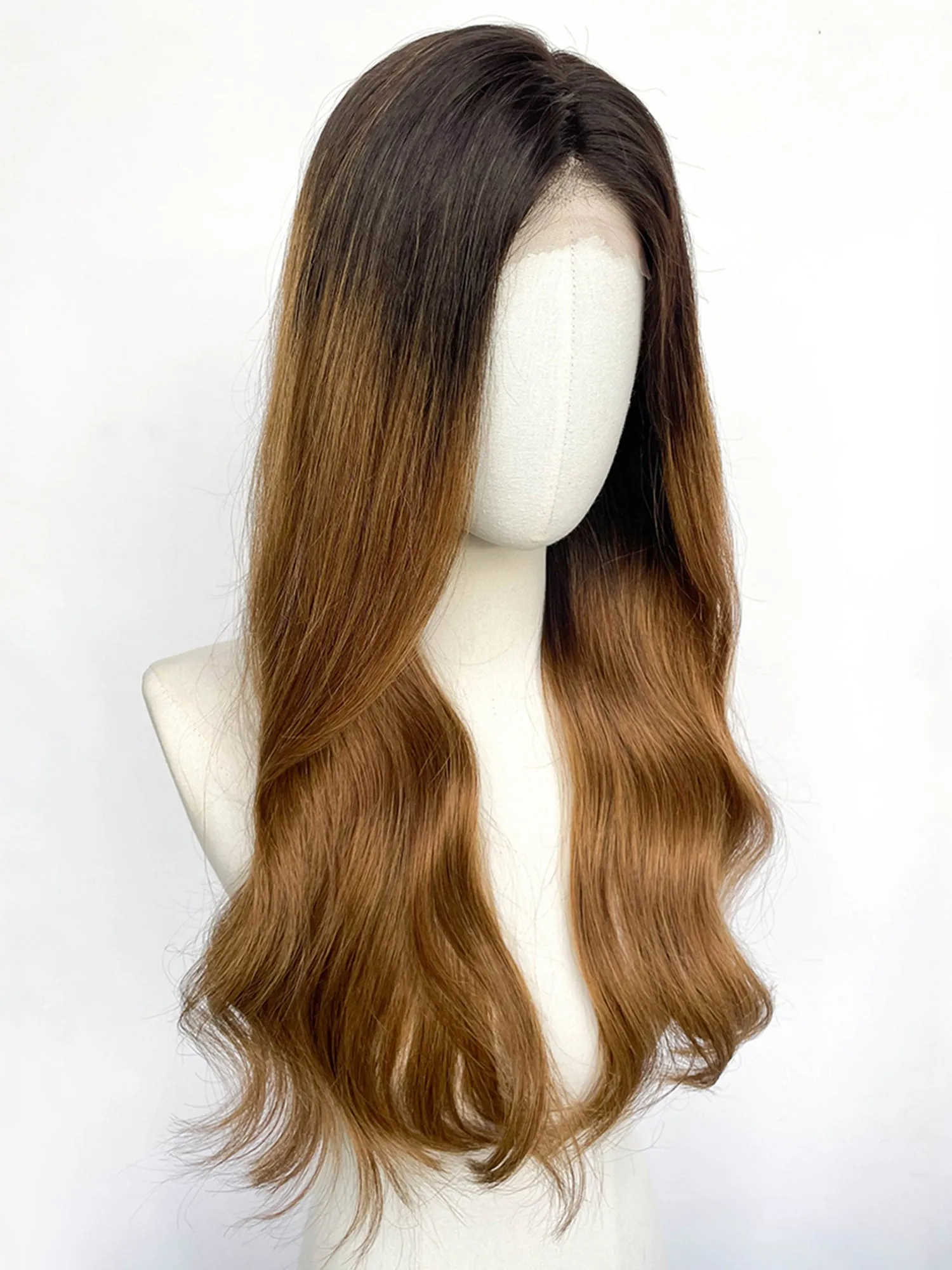 25" Long Straight Brown With Dark Roots Lace Top Remy Human Hair HHC136