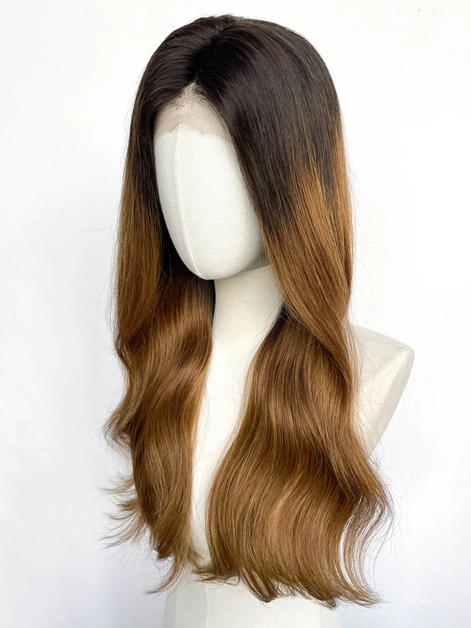 25" Long Straight Brown With Dark Roots Lace Top Remy Human Hair HHC136
