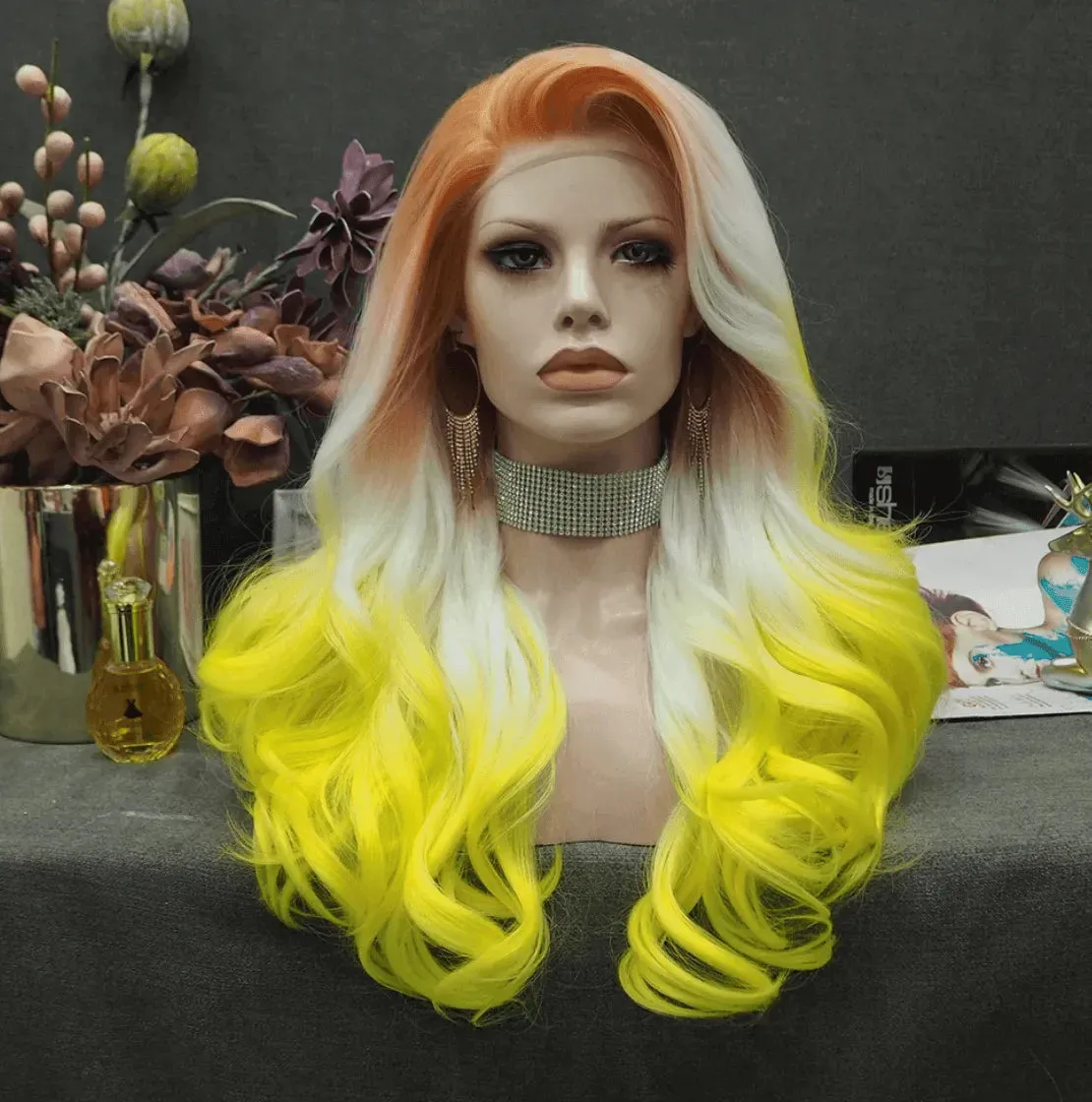Coral, Platinum, Bright Yellow Ombre Wig