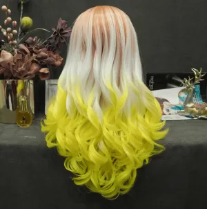 Coral, Platinum, Bright Yellow Ombre Wig