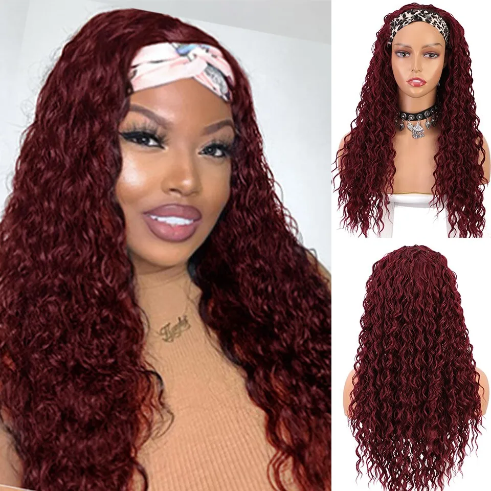 Headband Wig  Water Wavy Wig Synthetic Body Wavy Wig Scarf Wig Glueless  Full Wig Color Black Wavy Wigs