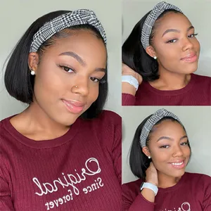 Headband Wigs of Straight Human Hair, and  Glueless at 150% Density. None Lace Front Wigs Brazilian Machine Made Easy Wear Headband Wigs.