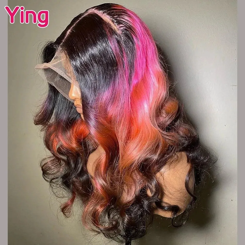 Omber Pink Orange With Black 200% 13x4 13x6 Lace Front Wig Human Hair Body Wave Prepluck Brazilia Human Hair Lace Frontal Wig