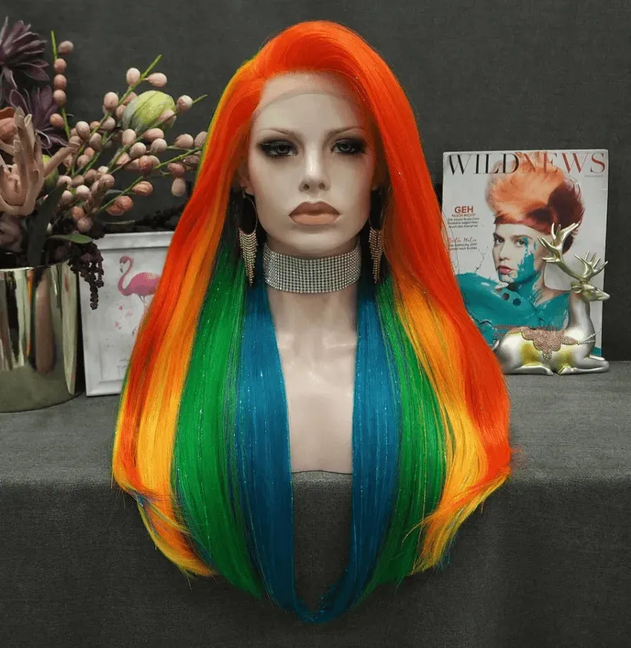Rainbow With Gold Tinsel Wig
