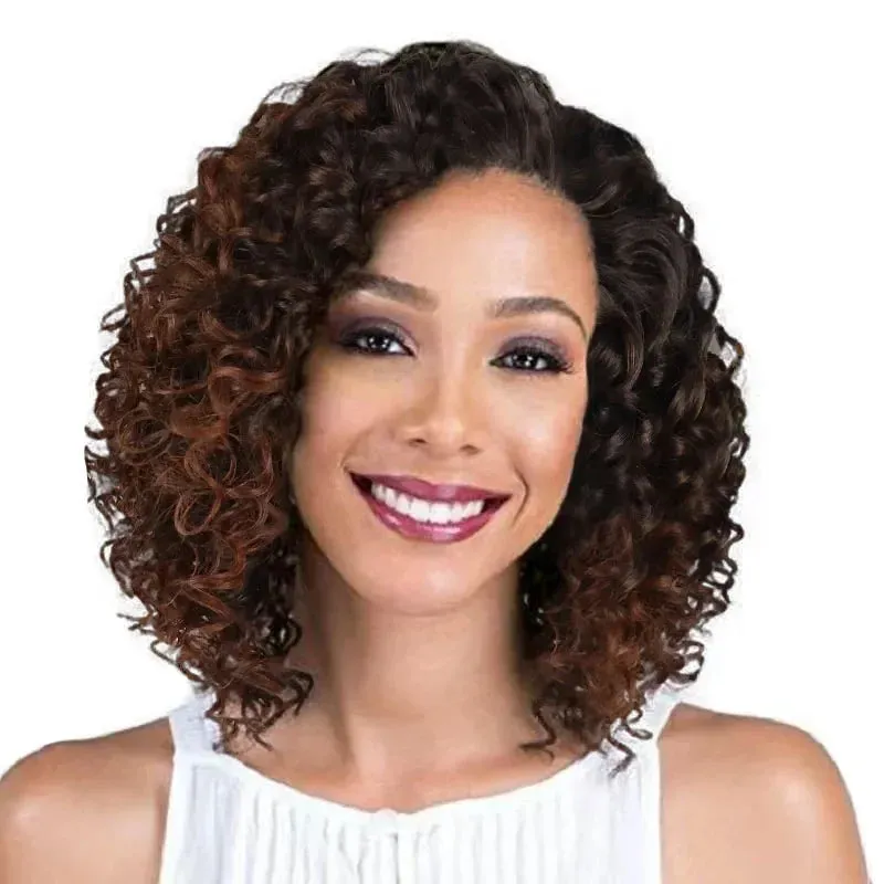 Synthetic Afro Curly Wigs for Women Wave African American Wig with Side Bangs Natural Hairstyles Soft Full Hair Replacement Wigs