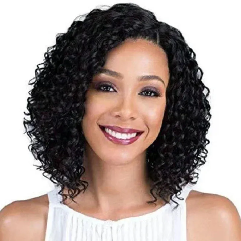 Synthetic Afro Curly Wigs for Women Wave African American Wig with Side Bangs Natural Hairstyles Soft Full Hair Replacement Wigs