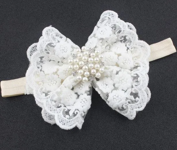 Vintage Lace Ruffle Bow with Accented Pearls Headband